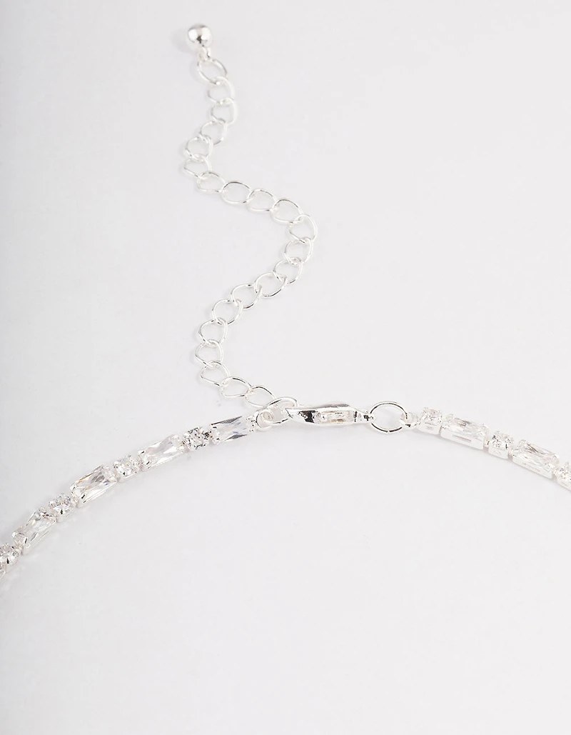 Silver Plated Cubic Zirconia Round & Baguette Tennis Necklace