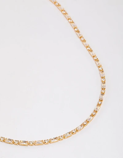 Gold Plated Cubic Zirconia Round & Baguette Tennis Necklace