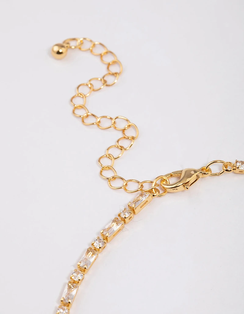 Gold Plated Cubic Zirconia Round & Baguette Tennis Necklace