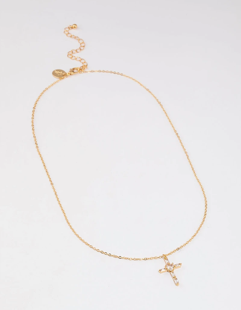 Gold Plated Cubic Zirconia Baguette Cross Necklace