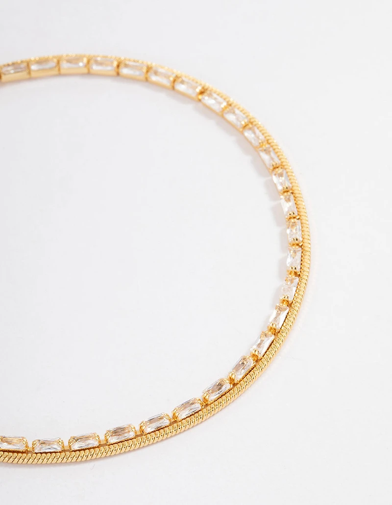 Gold Plated Cubic Zirconia Dainty Baguette Layered Tennis Bracelet