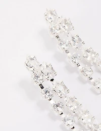 Silver Cubic Zirconia Double Row Square & Round Drop Earrings