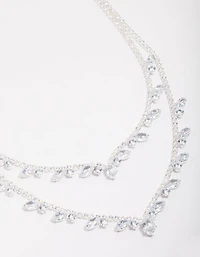 Silver Cubic Zirconia Double Layer Pear Stone Necklace
