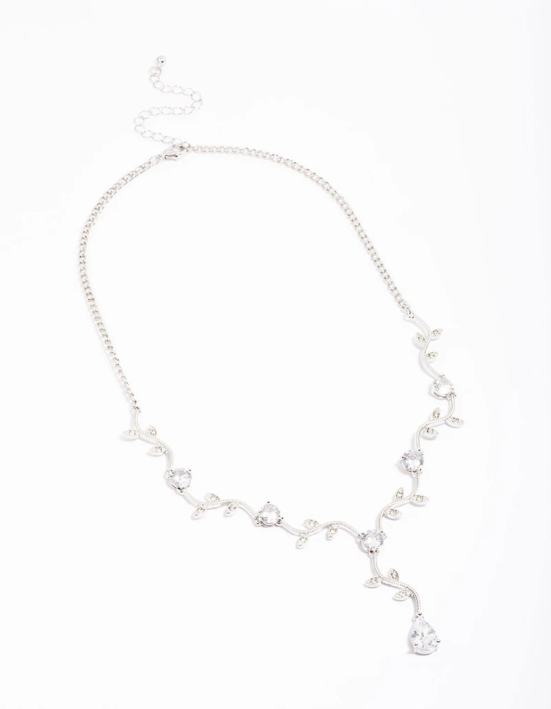Silver Cubic Zirconia Floral Teardrop Y-Shape Necklace