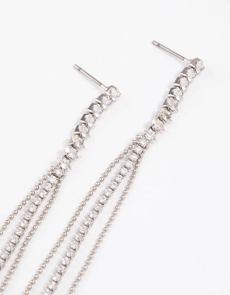 Silver  Cubic Zirconia Skinny Stranded Drop Earrings