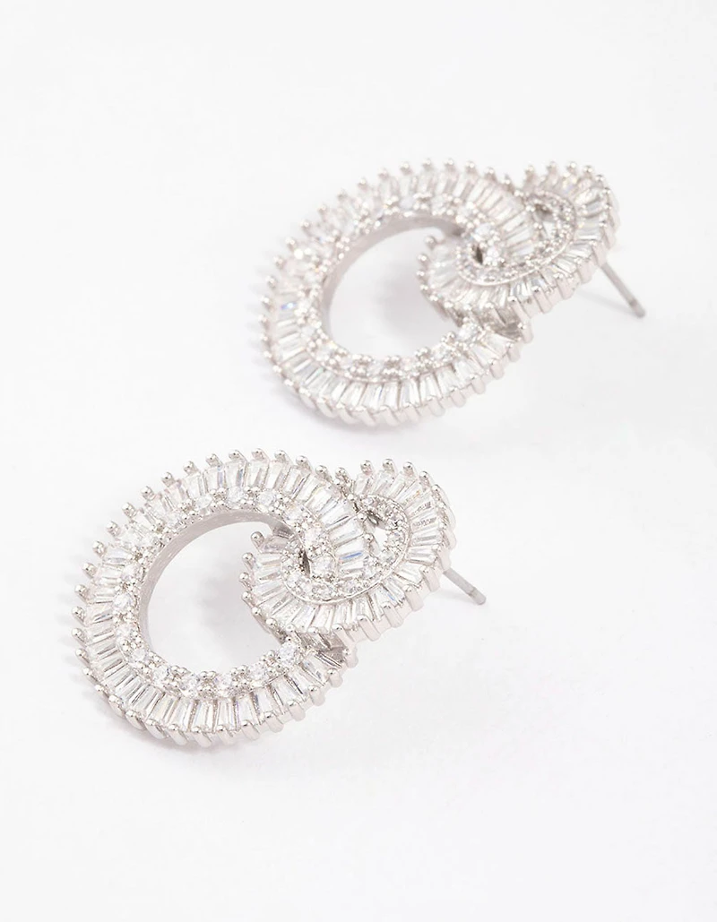 Silver Cubic Zirconia Double Circle Diamante Drop Earrings