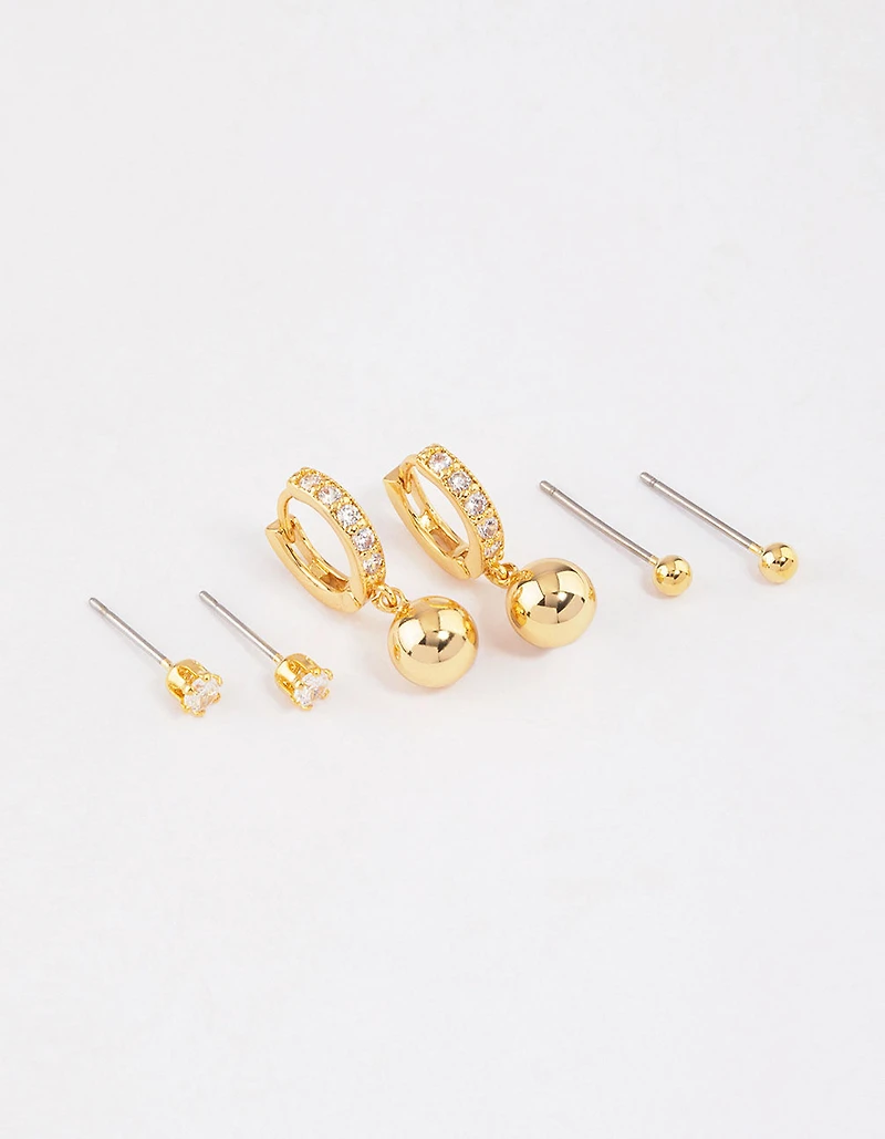 Gold Plated Brass Cubic Zirconia Huggie Ball Earrings 6-Pack