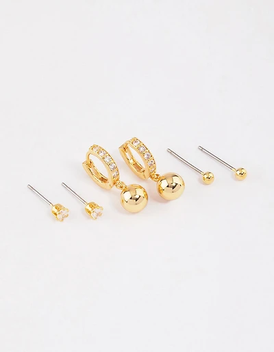 Gold Plated Brass Cubic Zirconia Huggie Ball Earrings 6-Pack
