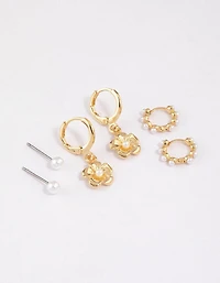 Gold Plated Brass Pearl Drop Flower Earrings 6-Pack