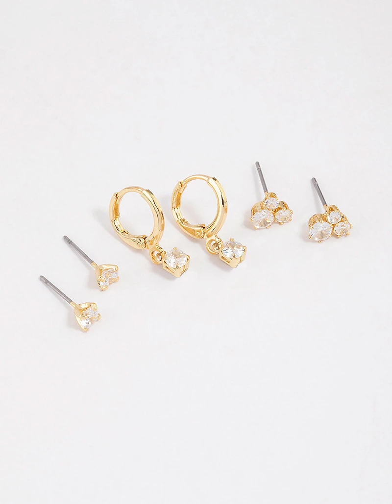 Gold Plated Brass Cubic Zirconia Trio Stud Earrings 6-Pack