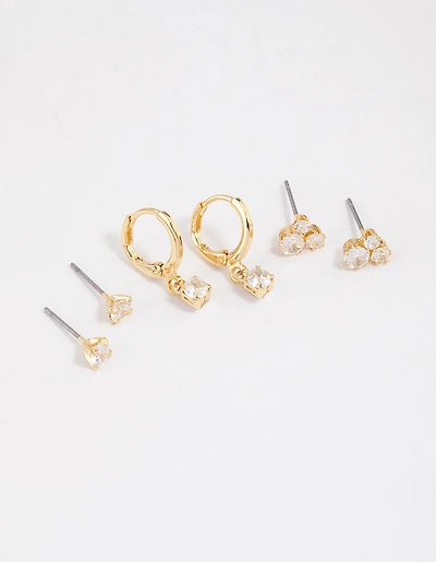 Gold Plated Brass Cubic Zirconia Trio Stud Earrings 6-Pack