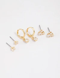 Gold Plated Brass Cubic Zirconia Trio Stud Earrings 6-Pack