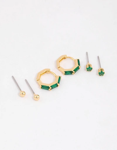 Boucles d’oreilles en baguette en laiton plaquées or Huggie Ball Pack de 6