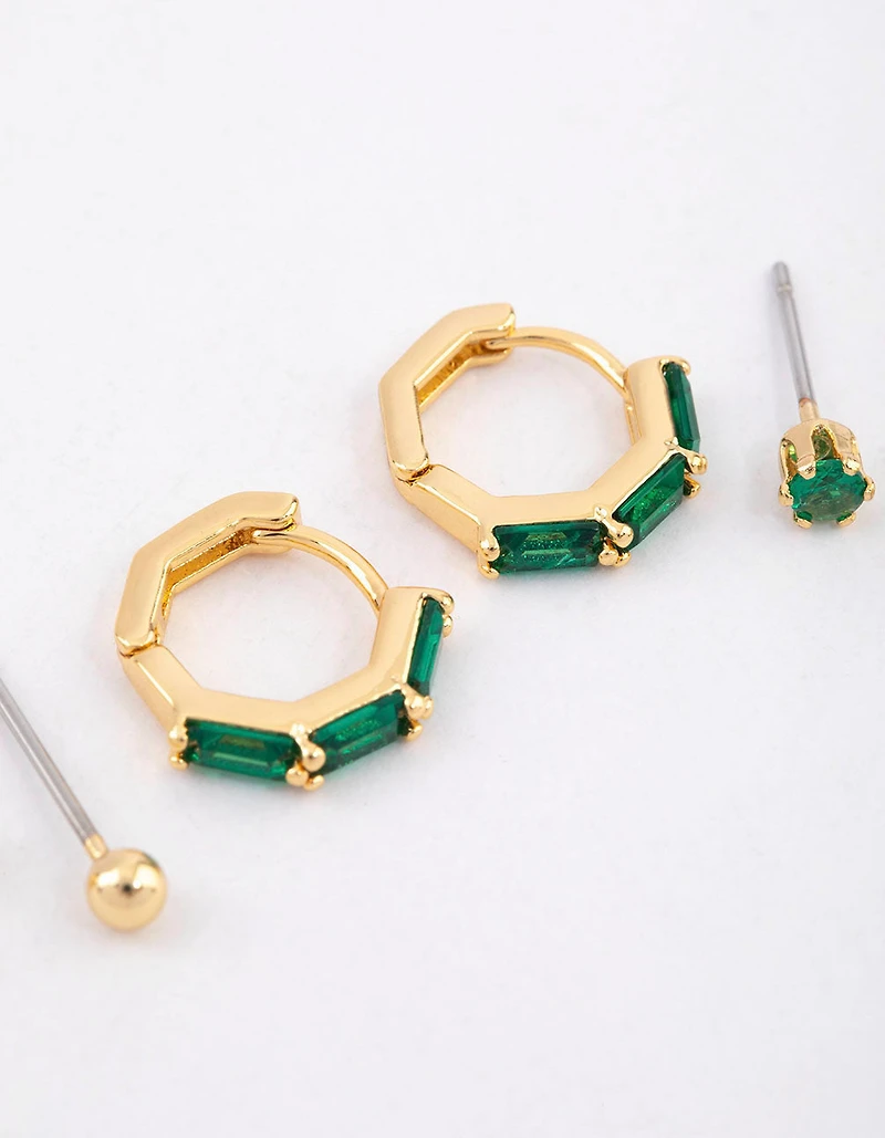 Boucles d’oreilles en baguette en laiton plaquées or Huggie Ball Pack de 6