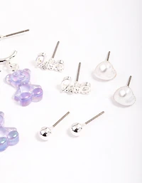 Silver Purple Cute Love Earrings 6-Pack