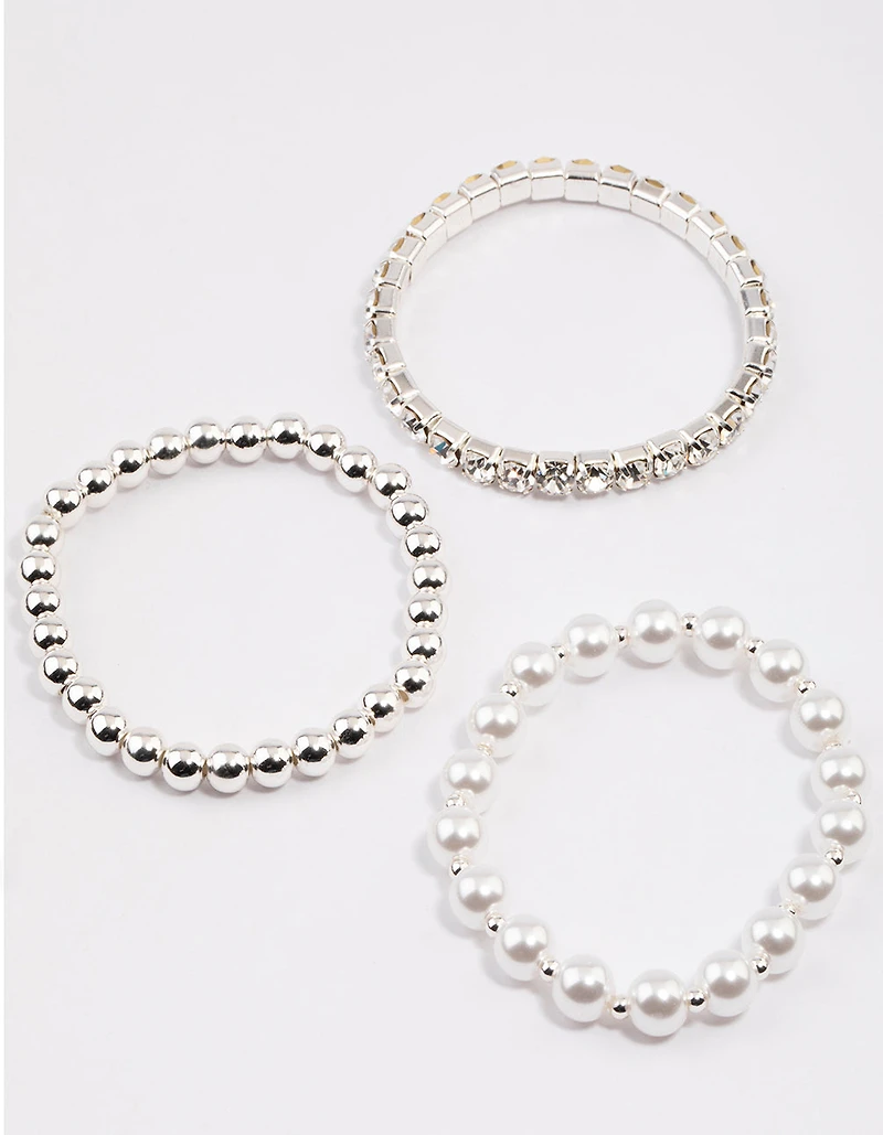 Silver Pearl & Diamante Strap Bracelet Pack