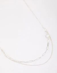 Silver Double Row Pearl Chain Necklace & Polishing Set