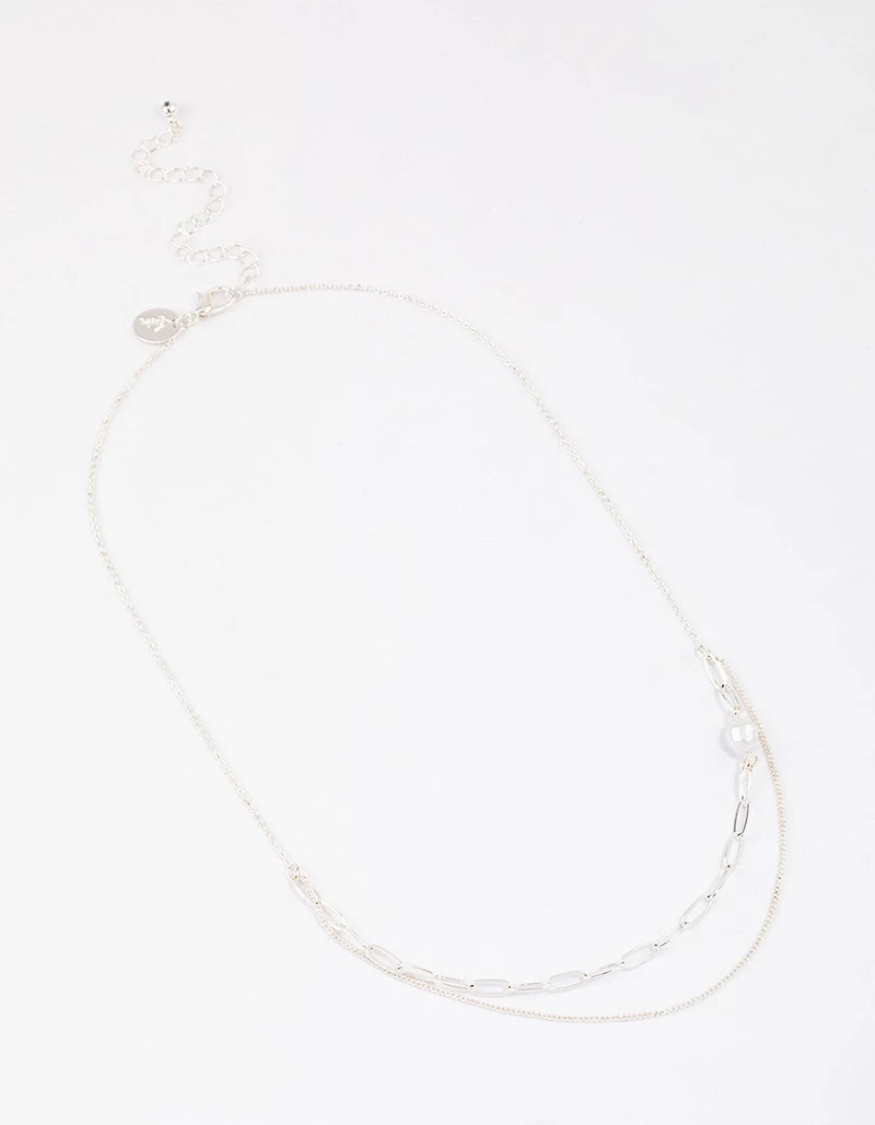 Silver Double Row Pearl Chain Necklace & Polishing Set
