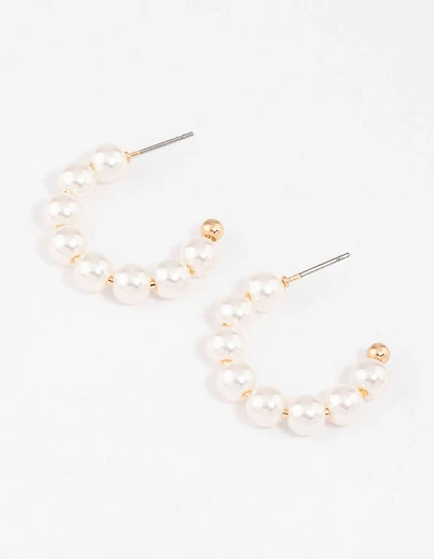 Gold Dainty Pearl Beaded Hoop Earrings