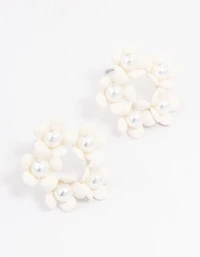 Cream Flower & Pearl Circle Stud Earrings