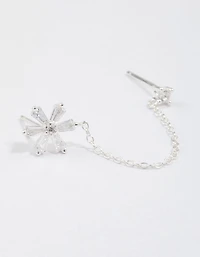 Sterling Silver Baguette Flower Chain Stud Earrings