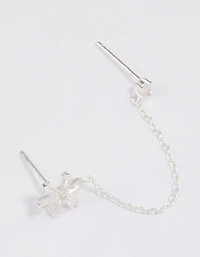 Sterling Silver Baguette Flower Chain Stud Earrings