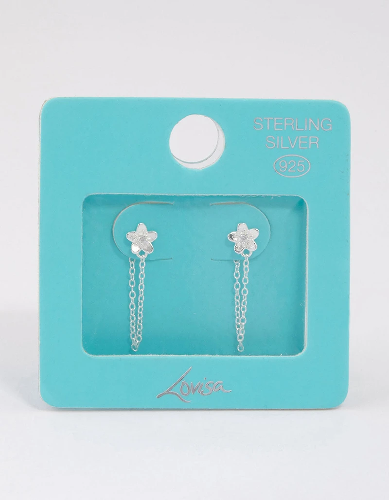 Sterling Silver Flower Stud Chain Earrings