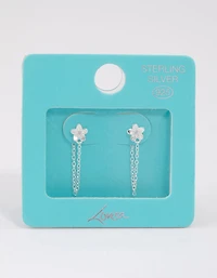 Sterling Silver Flower Stud Chain Earrings