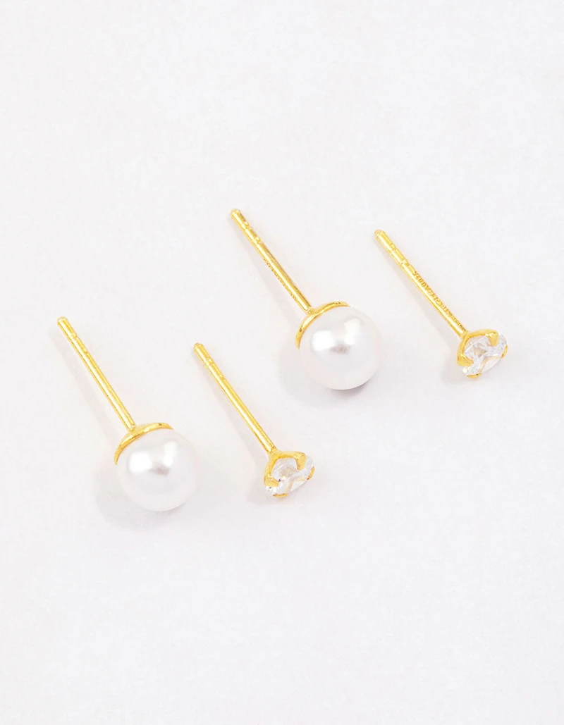 Gold Plated Sterling Silver Pearl & Cubic Zirconia Stud Earring Pack
