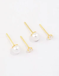 Gold Plated Sterling Silver Pearl & Cubic Zirconia Stud Earring Pack