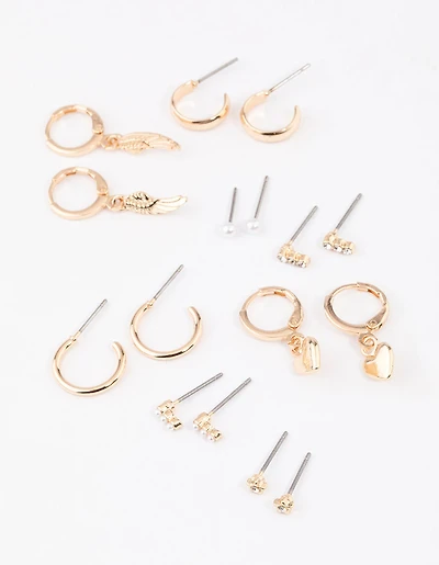 Gold Heart Diamante & Pearl Earrings 8-Pack