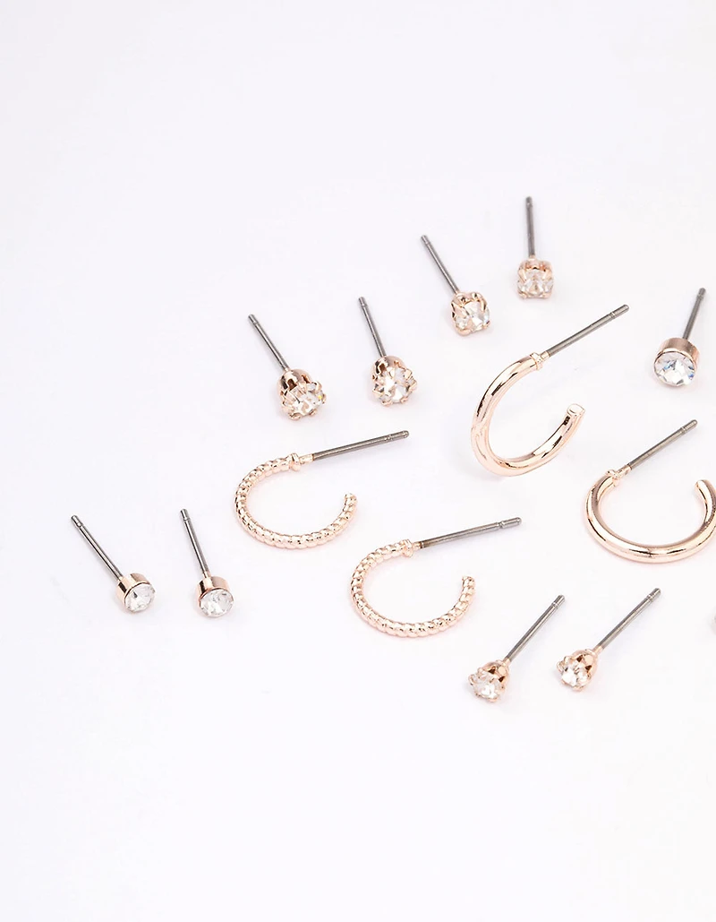 Rose Gold Diamante Stud & Hoop Earring 12-Pack