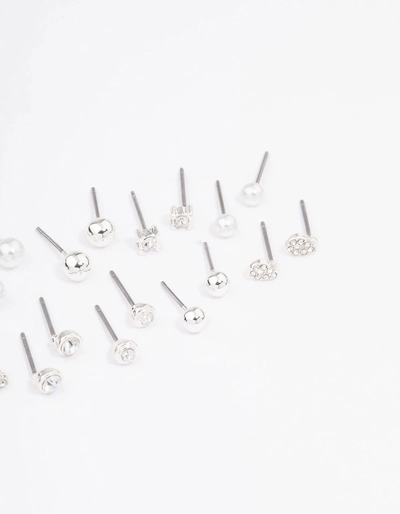 Silver Classic Pearl & Stone Earring 12-Pack
