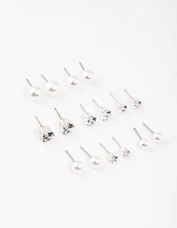 Silver Graduating Diamante & Pearl Earrings 8-Pack