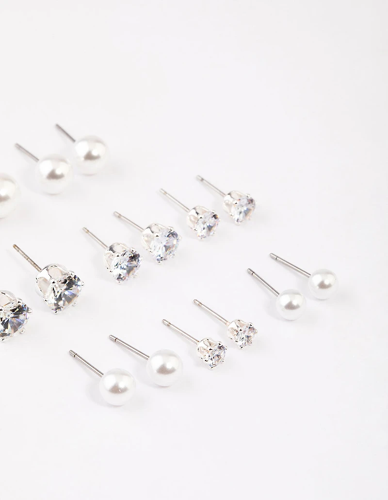 Silver Graduating Diamante & Pearl Earrings 8-Pack