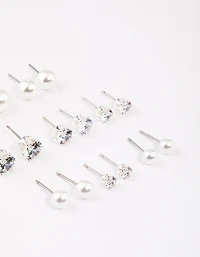 Silver Graduating Diamante & Pearl Earrings 8-Pack