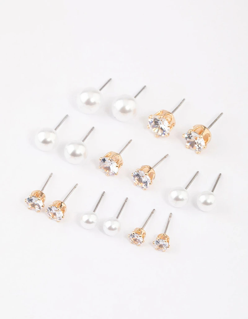 Gold Graduating Diamante & Pearl Earrings 8-Pack