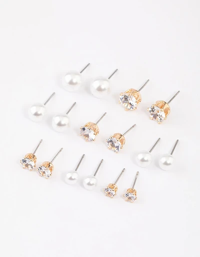 Gold Graduating Diamante & Pearl Earrings 8-Pack