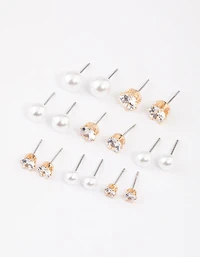 Gold Graduating Diamante & Pearl Earrings 8-Pack