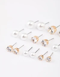 Gold Graduating Diamante & Pearl Earrings 8-Pack
