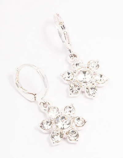 Silver Diamante Flower Drop Huggie Earrings