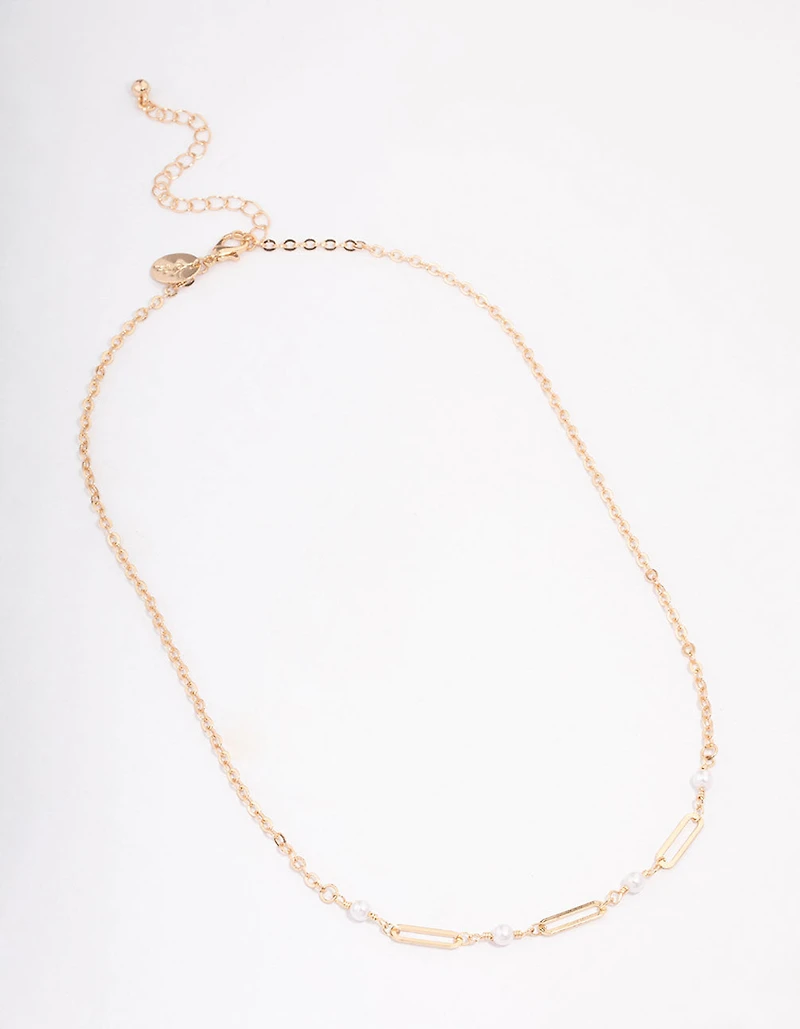 Gold Pearl Rectangle Link Short Necklace