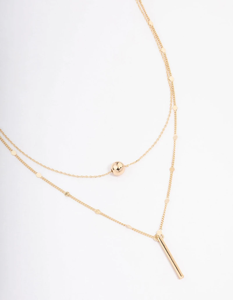 Gold Bar & Ball Double Chain Short Necklace