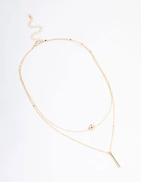 Gold Bar & Ball Double Chain Short Necklace
