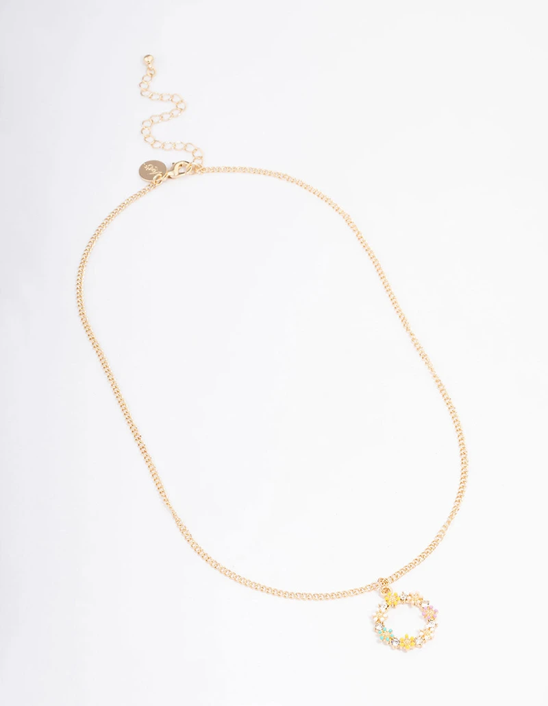Gold Diamante Flower Circle Short Necklace