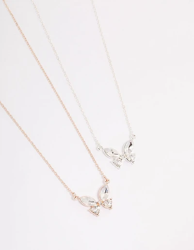Mixed Metal Diamante Butterfly Necklace Pack