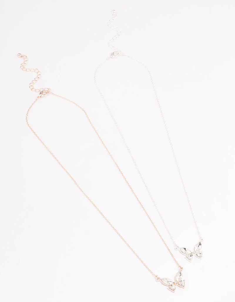 Mixed Metal Diamante Butterfly Necklace Pack