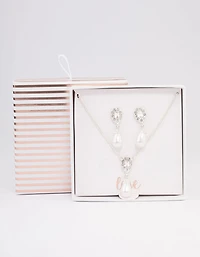 Silver Pearl Halo Drop Jewellery Set