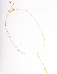 Waterproof Gold Plated Stainless Steel Pearl Station Cross Necklace