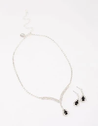 Silver Diamante Stone Long Earrings & Necklace Set